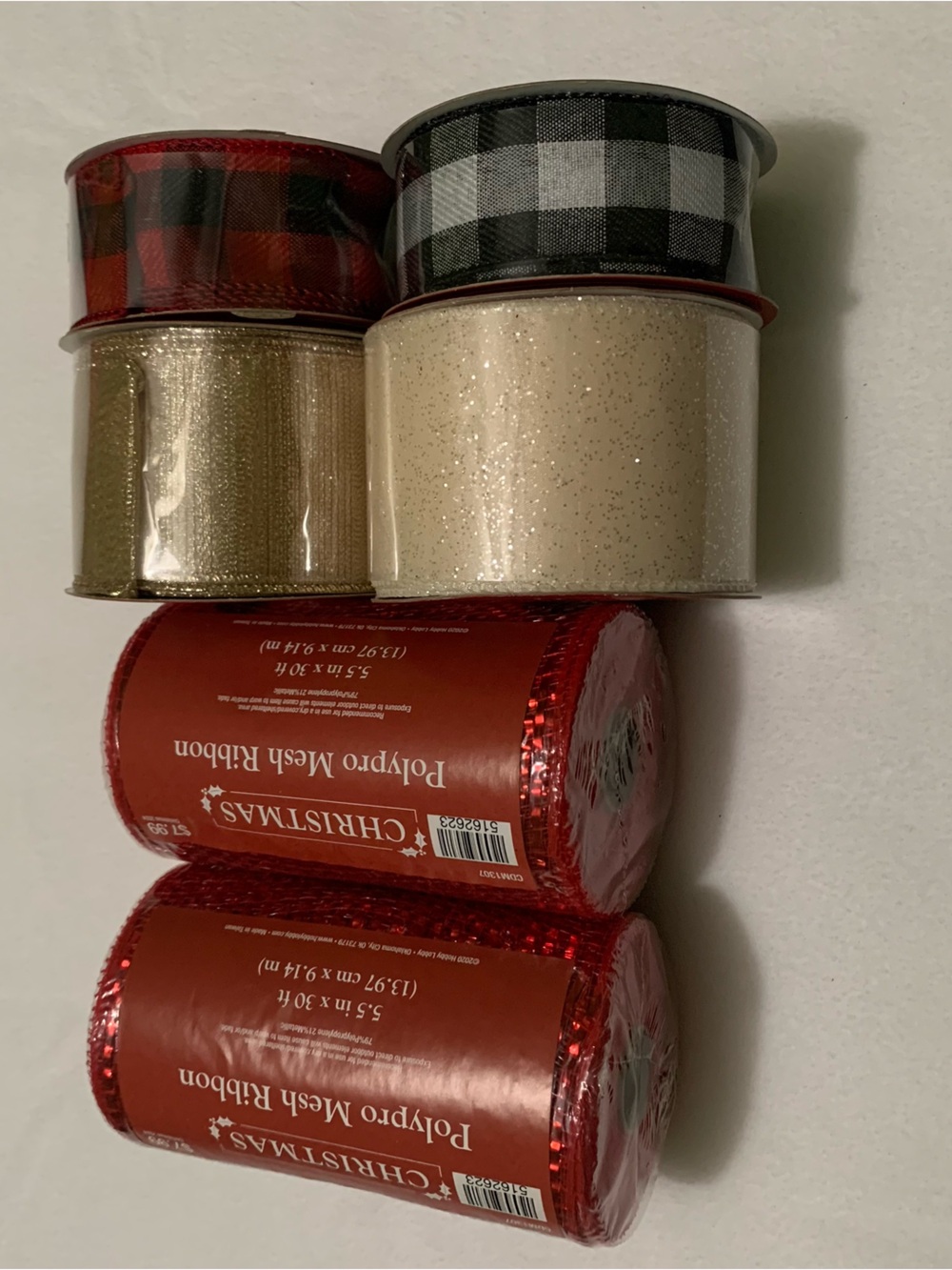 Hobby Lobby Red, Black/White, Black/Red Plaid Gold Cream Christmas Ribbon Bundle